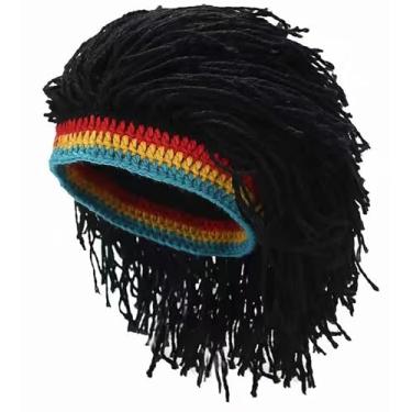 Imagem de DIYDECAL Gorro engraçado de tricô com cabelo para homens, chapéus de peruca quente para festa à fantasia, preto