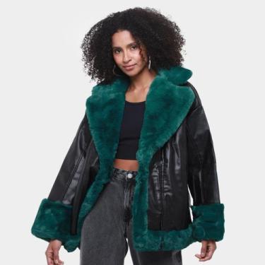 Imagem de Jaqueta Colcci Detalhes Pelúcia Feminina, Preto, Verde, G
