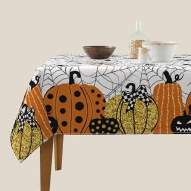 Imagem de Toalha de mesa retangular de Halloween, 152 x 213 cm, preta, laranja, dourada, abóbora, teia de aranha, tema de férias, assustadora, decoração de Halloween, casa de fazenda, para festa interna