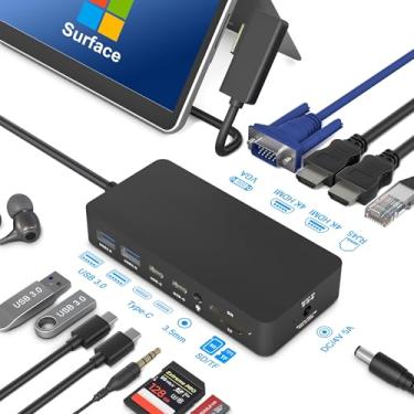 Imagem de Estação de ancoragem Microsoft Surface com telas triplas HDMI + VGA, base de superfície 12 em 1 para Surface Pro 11/10/9/8/X/7/6/5/4/3, Surface Laptop 6/5/4/3/2/1, Surface Laptop Go 3/2/1, Surface