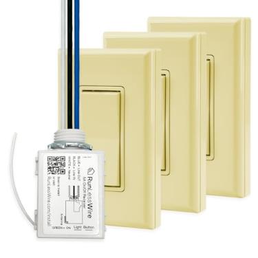 Imagem de RunLessWire Kit de interruptor de luz sem fio sem bateria com controle remoto de alcance RF de 45,7 m, alimentado por Kinetic Energy, instalação DIY para corredores e escadas 4 vias: 1 receptor liga