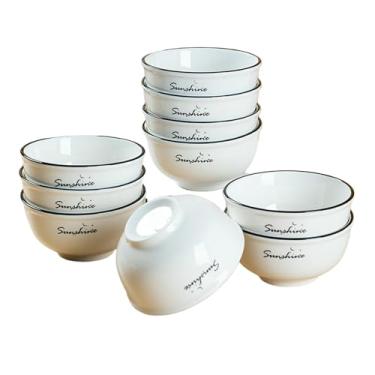 Imagem de 10 peças - Tigela de arroz de cerâmica sob esmalte simples e requintada para uso doméstico japonês com resistência a altas temperaturas - Sol, Lua e Estrelas