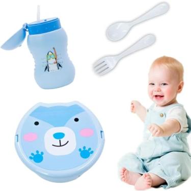 Imagem de Kit Marmita Infantil com Garrafinha e Talheres | Pote 500ml com Divisória + Garrafa 350ml com Canudo | Travas de Segurança, Alça e Tema de Animais Fofinhos – Ideal para Escola e Passeios (Azul)