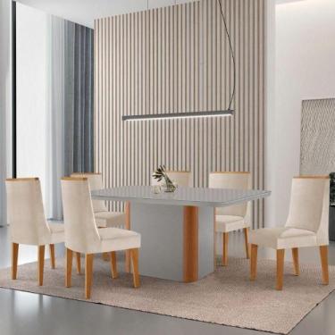 Imagem de Mesa De Jantar Isadora 180cm Tampo Mdf Vidro Com 6 Cadeiras Veludo Cre