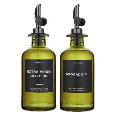 Imagem de Verspace Garrafa distribuidora de azeite de oliva preta com garrafas verdes para cozinha e 40 etiquetas, dispensador de molho de soja, dispensador de xarope de café, conjunto de 2 garrafas de azeite