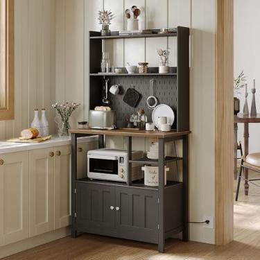 Imagem de ChooChoo Armário de despensa com estação de carregamento, armário de armazenamento de cozinha com suporte de micro-ondas, cabana de cozinha de fazenda com armazenamento para sala de estar, sala de