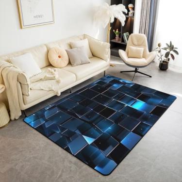 Imagem de Erosebridal Tapete quadriculado com glitter, 1,28 m x 9,5 cm, tapetes 3D para sala de estar, para crianças, adolescentes, meninos, estampa elétrica, geometria, azul, tapete decorativo lavável, tapete