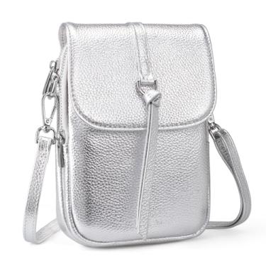 Imagem de befen Bolsa tiracolo feminina de couro legítimo, com vários bolsos para celular com compartimentos para cartões com bloqueio de RFID, Prata