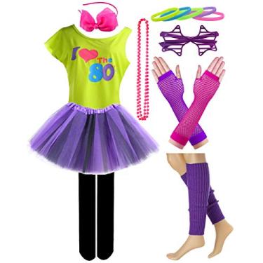 Imagem de Camiseta Kid Girl I Love 80s 1980 Star Sequin Tutu Saia com Colar Neon Laço Faixa de Cabelo Conjunto de Grampo de Cabelo (14/16, Estilo 2-Roxo)
