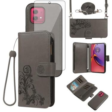 Imagem de Asuwish Capa de celular para Motorola Moto G84 5G carteira magnética destacável com protetor de tela de vidro temperado alça transversal alça de flor porta-cartão G 84 2023 mulheres meninas cinza