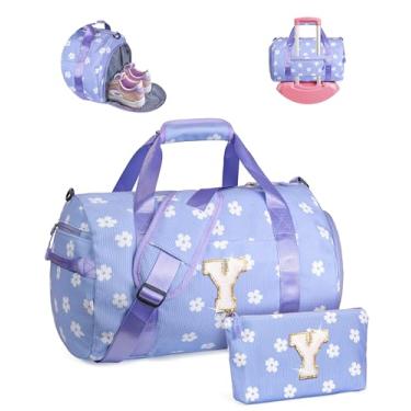 Imagem de Vogewood Presente para crianças de 3, 4, 5, 6, 7, 8, 9, 10, 11 e 12 anos, bolsa de ginástica, bolsa de viagem inicial com bolsa de maquiagem, Flor - roxo, Y