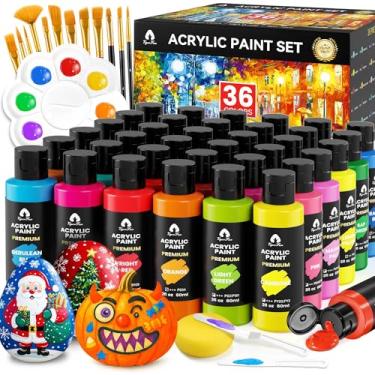 Imagem de Conjunto de 52 peças de tinta acrílica - 36 cores (60 ml) com 12 pincéis, 2 facas e paleta - pigmentos ricos para adultos, crianças, artistas e iniciantes - Pintura em tela de abóbora de Halloween