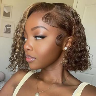 Imagem de Yijimei Peruca de cabelo humano Ombre Bob Highlight 13x4 HD Transpaent Lace Water Wave Front Wigs para mulheres negras 4/27 loiro mel peruca bob curta pré-arrancada 180% densidade (4/27 13x4 águas