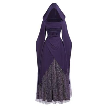 Imagem de LTAKK Fantasia de bruxa feminina com capuz vestido de bruxa gótico vampiro medieval renascentista Halloween vestidos 2 peças, Roxa, M