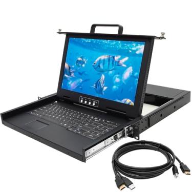 Imagem de Console KVM de montagem em rack 1U - monitor de montagem em rack 1080p de 39.6 cm + porta única HDMI KVM + teclado + touchpad, profundidade curta de 36 cm, serve para gabinete de rede de 48 cm de