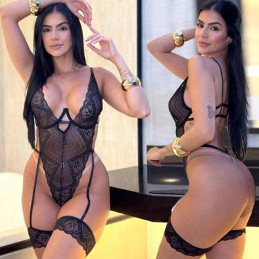 Imagem de Body Com Cinta Liga Com Aro Sem Bojo Rendado Sensual - Like4you, G, Pr