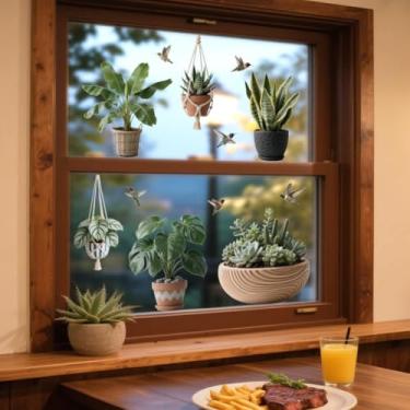 Imagem de ANATTASOUL Adesivos de janela estática realistas em vasos de plantas 1 folha de decalques de janela reutilizáveis para vidro, adesivo de janela dupla face removível de 120 cm x 30 cm para decoração de