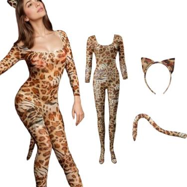 Imagem de Holiberty Conjunto de roupa feminina sexy com estampa de animal de leopardo com faixa de cabelo, cosplay, body sexy, lingerie frente única