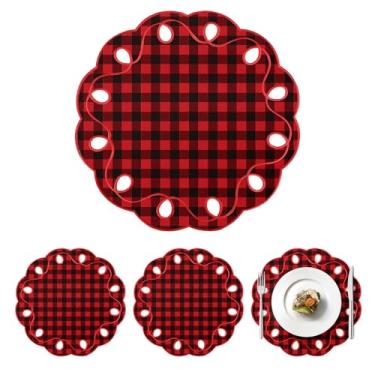 Imagem de Conjunto de 4 jogos americanos de Natal de 25,4 cm e linho de algodão recortado, bordados, xadrez de búfalo, lavável, vermelho e preto, para decoração de mesa de jantar de Natal