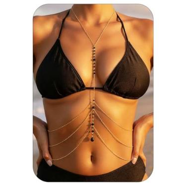 Imagem de COSYDAYS Corrente de sutiã dourado com strass preto, corrente no peito, biquíni, sutiã e corrente corporal, joia feminina