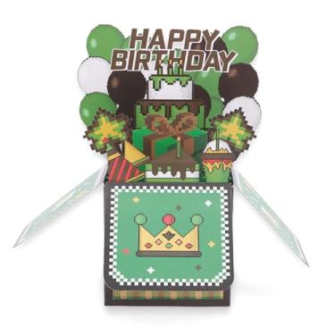 Imagem de SAVITA Cartão Aniversário Pop-Up Tema Pixel Verde, Cartão Feliz Aniversário 3D com Envelope Artigos para Festas Temáticas de Jogos Divertidos para Meninos e Adolescentes