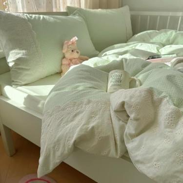 Imagem de Capa de edredom King verde guingão romântico 3 peças capa de edredom de renda macia lavada microfibra verde quadriculada xadrez com 2 fronhas conjunto de cama xadrez de casa de fazenda