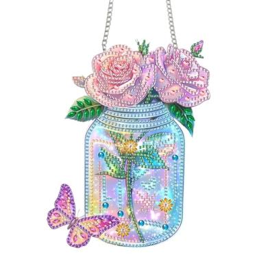 Imagem de Bimkole Kit de pendurar arte de diamante rosa para adultos, vasos 5D faça você mesmo, pingente de janela com pintura de arte de diamante, enfeite de pendurar de arte de cristal acrílico para parede