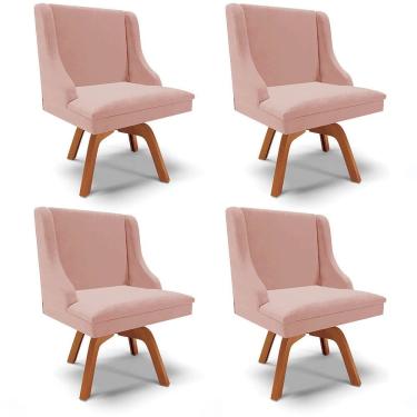 Imagem de Kit 4 Cadeiras Estofadas Base Giratória de Madeira Lia Veludo Rosê - Ibiza