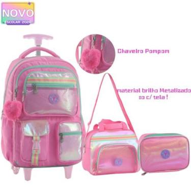 Imagem de Kit Mochila Rodinha Colorido Metalizada Brilho Com Chaveiro Pompom Est
