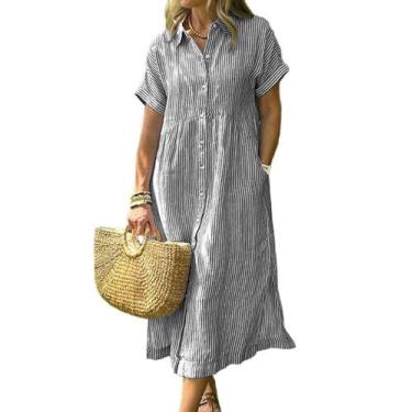 Imagem de Vestido de camisa chouyatou feminino listrado de verão, preto midi