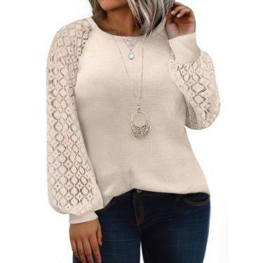 Imagem de Camisa feminina Eytino plus size, gola redonda, renda, manga comprida,