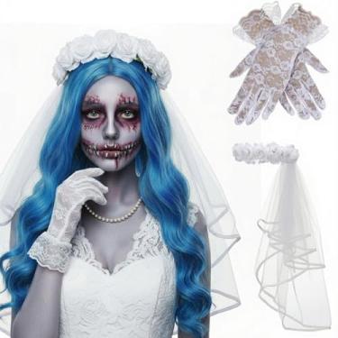 Imagem de Chicingyou Acessórios para fantasia de noiva de zumbi de Halloween, véu de noiva, vestido de noiva, fantasia de Halloween, fantasma, noiva, cosplay, grinalda floral branca, acessório de cabeça de