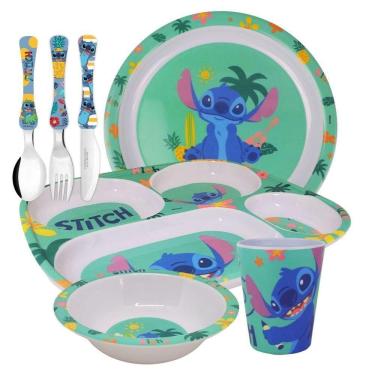 Imagem de Conjunto Refeição Infantil Melamina Stitch Disney 7 Peças Incluso Talheres Inox - Tuut