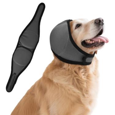Imagem de Protetores de orelha de cachorro para banho, proteção contra ruído, protetor elástico à prova d'água com capuz calmante para fogos de artifício, visitas ao veterinário, cuidados pessoais (cinza, médio