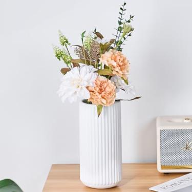 Imagem de Ekirlin Vaso de flores de cerâmica branca para grama dos pampas, vaso decorativo pequeno de 20 cm com nervuras para mesa de jantar, mesa de escritório, estante de livros, cornija, entrada, banheiro