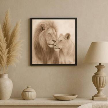 Imagem de Quadro Arte Bege Leão E Leoa - 33X33Cm - Com Vidro - Quadros On-Line