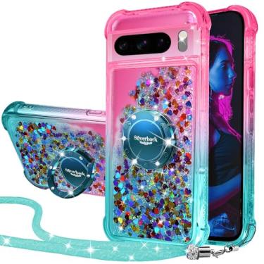 Imagem de Silverback Capa para Pixel 8 Pro, capa protetora fina com glitter holográfico líquido em movimento, com suporte, anel de diamante brilhante para meninas e mulheres, capa protetora fina para Google