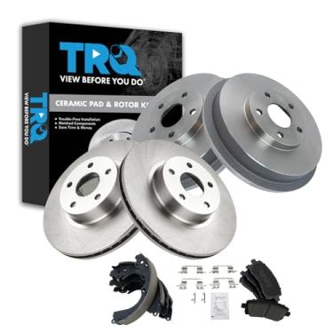 Imagem de TRQ Pastilha de freio dianteiro e traseiro e rotor, kit de sapata e tambor de cerâmica compatível com Subaru Forester 1998-2002
