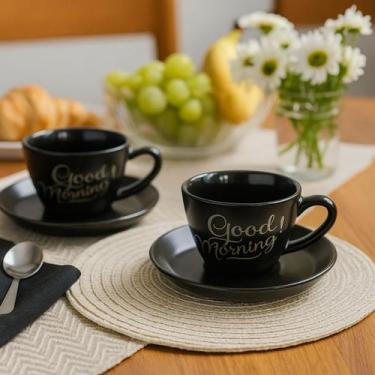 Imagem de Jogo xicaras cafe pires ceramica good day preta 180ml4pçs cha - ALLMIX
