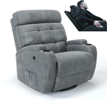 Imagem de Poltrona do Papai Reclinável Elétrica Giratória e Balanço em Suede com Massagem e Motor de Pescoço (Cinza)