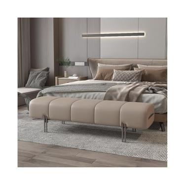 Imagem de Banco para entrada de cama banco de cabeceira quarto sofá frontal de couro minimalista vestiário sofá pacote macio banco longo (cáqui)