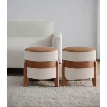 Imagem de Kit Puff Apolo Linho pés madeira 2unidades banco banqueta (BEGE/MARROM)