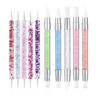 Imagem de 10 peças de canetas de pontilhamento de unhas de acrílico, pincéis de silicone de ponta dupla para design, desenho de folha de unha e ferramentas de pontilhamento de desenho de efeito 3D