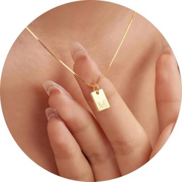Imagem de Colar com inicial feminina, pingente retangular banhado a ouro 18K, joia mínima de A a Z, colar personalizado, 18+2in, Aço inoxidável, Sem Pedra Preciosa