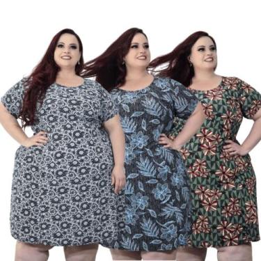 Imagem de KIT 3 Vestidos Manga Curta Liganete Plus Size Estampas Sortidas Moda F