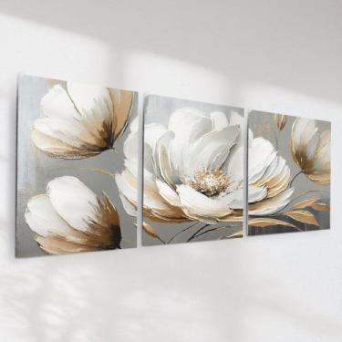 Imagem de Quadro Decorativo Em Tela Canvas Flor Branca Kit 3 Quadros - ArtBeni Q