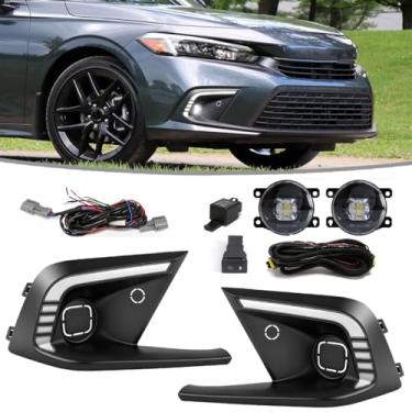 Imagem de VGETTING Luzes de circulação diurna para Honda Civic 2021 2022 2023 luz de neblina de substituição Tri-Colors DRL com lâmpada LED para farol de neblina frontal cívica com bisel