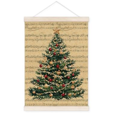 Imagem de TWRVI Cabide vintage para pôster de árvore de Natal com moldura de madeira, folha de música retrô de Natal, decoração de parede para casa, casa de fazenda, pôsteres rústicos de árvore de Natal de