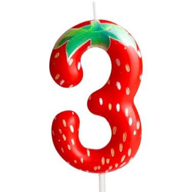 Imagem de Vela de aniversário número 3 de morango, decoração moderna de bolo de aniversário com tema de frutas, decoração de 3ª vela de morango vermelha, para meninas, presentes de aniversário, celebração