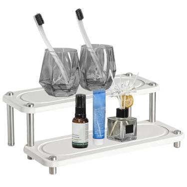 Imagem de Organizador de espaço para banheiro, bandeja de pia de diatomita de 2 camadas com suporte de copo absorvente de água e secagem rápida e suporte de metal